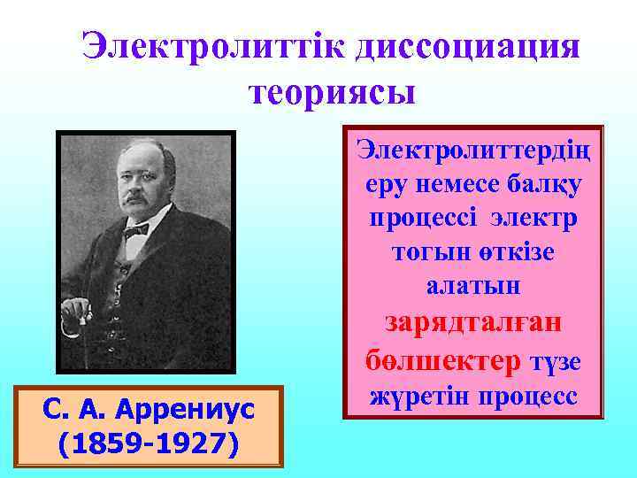 Электролиттік диссоциация теориясы Электролиттердің еру немесе балқу процессі электр тогын өткізе алатын зарядталған бөлшектер