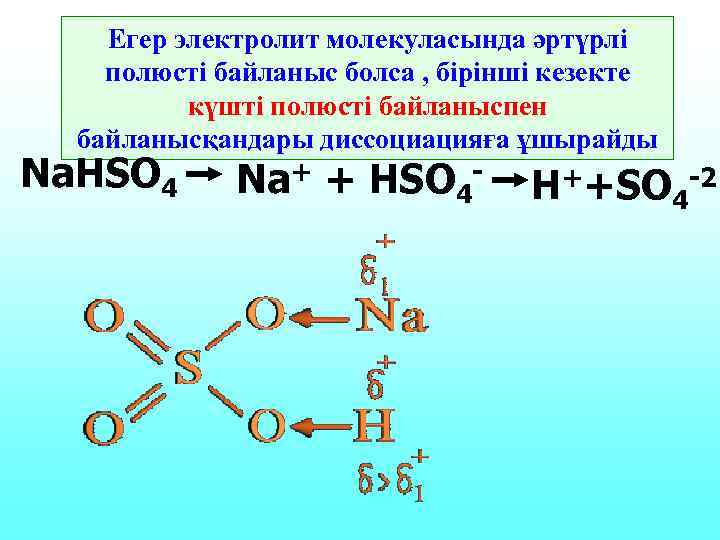 Егер электролит молекуласында әртүрлі полюсті байланыс болса , бірінші кезекте күшті полюсті байланыспен байланысқандары