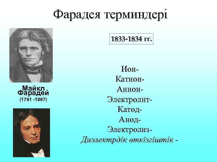 Фарадея терминдері 1833 -1834 гг. Майкл Фарадей (1791 -1867) Ион. Катион. Анион. Электролит. Катод.