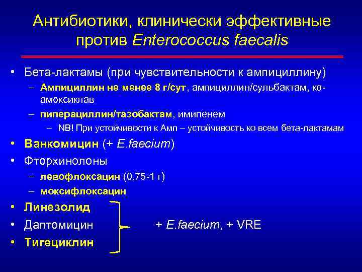 Антибиотики, клинически эффективные против Enterococcus faecalis • Бета-лактамы (при чувствительности к ампициллину) – Ампициллин