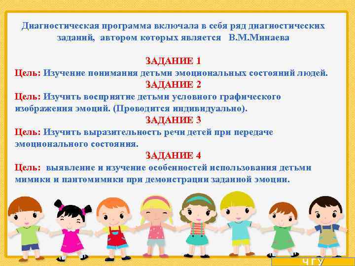 Диагностическая программа включала в себя ряд диагностических заданий, автором которых является В. М. Минаева