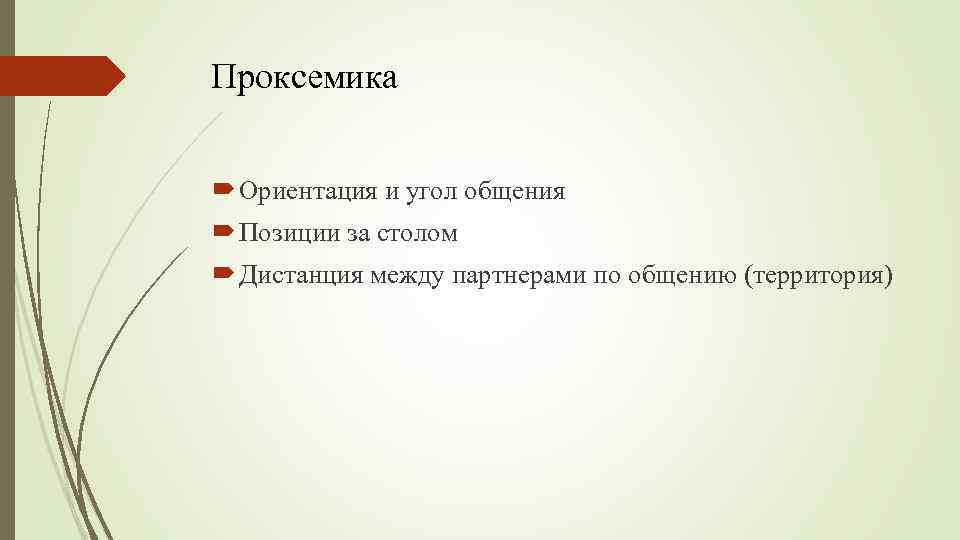 Проксемика Ориентация и угол общения Позиции за столом Дистанция между партнерами по общению (территория)