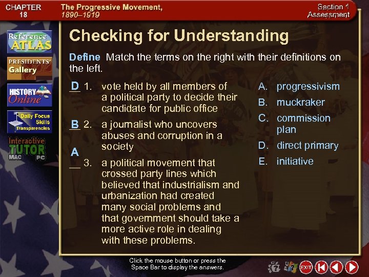 Checking for Understanding Define Match the terms on the right with their definitions on