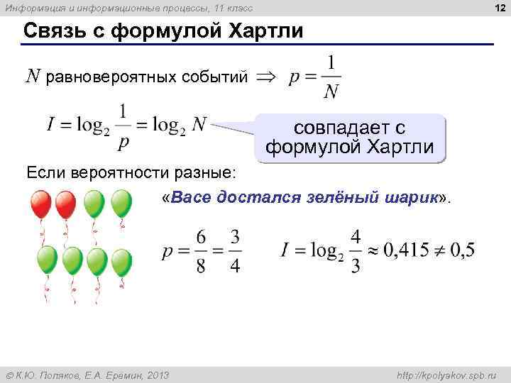 12 Информация и информационные процессы, 11 класс Связь с формулой Хартли N равновероятных событий