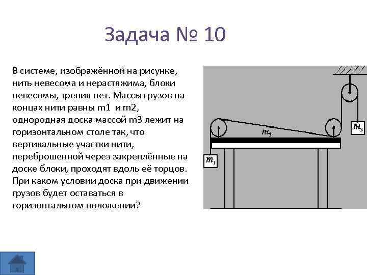 Задача № 10 В системе, изображённой на рисунке, нить невесома и нерастяжима, блоки невесомы,