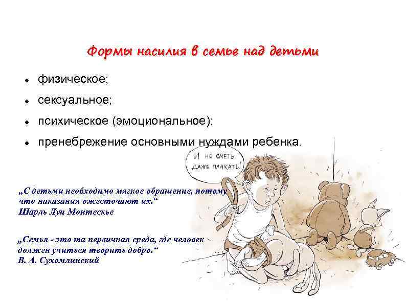 Формы насилия в семье над детьми физическое; сексуальное; психическое (эмоциональное); пренебрежение основными нуждами ребенка.