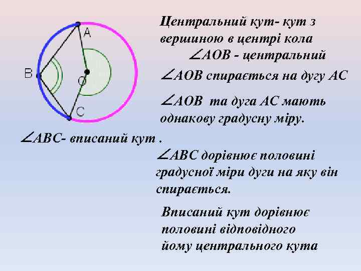Центральний кут- кут з вершиною в центрі кола ∠АОВ - центральний ∠АОВ спирається на