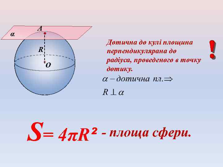 α А R О Дотична до кулі площина перпендикулярана до радіуса, проведеного в точку