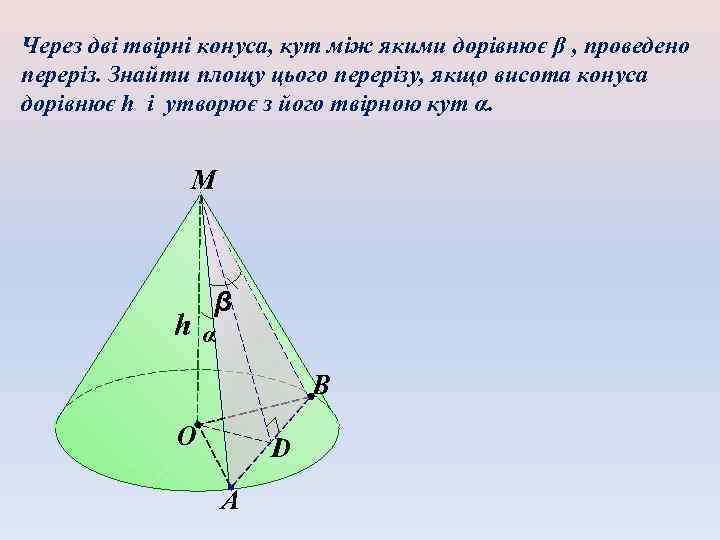 Через дві твірні конуса, кут між якими дорівнює β , проведено переріз. Знайти площу