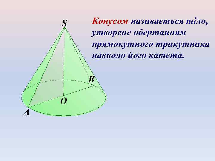 S Конусом називається тіло, утворене обертанням прямокутного трикутника навколо його катета. B O A