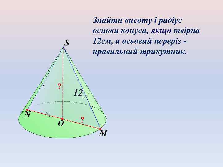 Знайти висоту і радіус основи конуса, якщо твірна 12 см, а осьовий переріз правильний