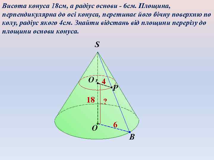 Висота конуса 18 см, а радіус основи - 6 см. Площина, перпендикулярна до осі
