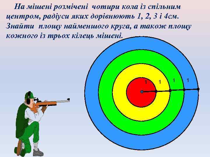 На мішені розмічені чотири кола із спільним центром, радіуси яких дорівнюють 1, 2, 3