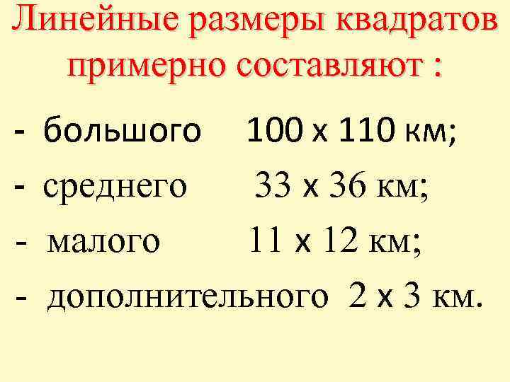 Линейные размеры квадратов примерно составляют : - большого 100 х 110 км; среднего 33