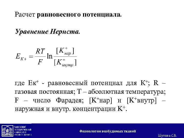 Расчет равновесного потенциала. Уравнение Нернста. где Ек+ - равновесный потенциал для К+; R –