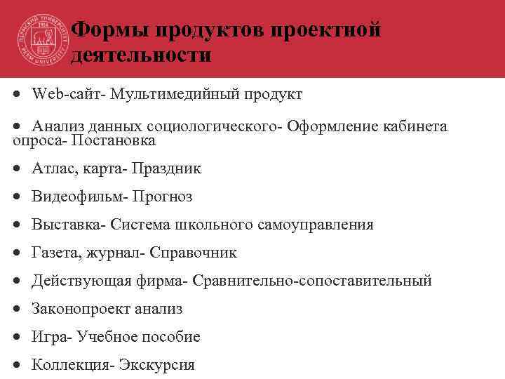 Формы продуктов проектной деятельности Web-сайт- Мультимедийный продукт Анализ данных социологического- Оформление кабинета опроса- Постановка