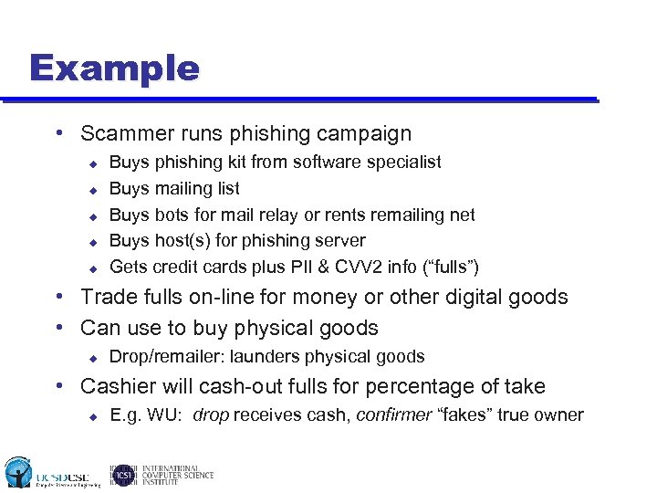 Example • Scammer runs phishing campaign u u u Buys phishing kit from software