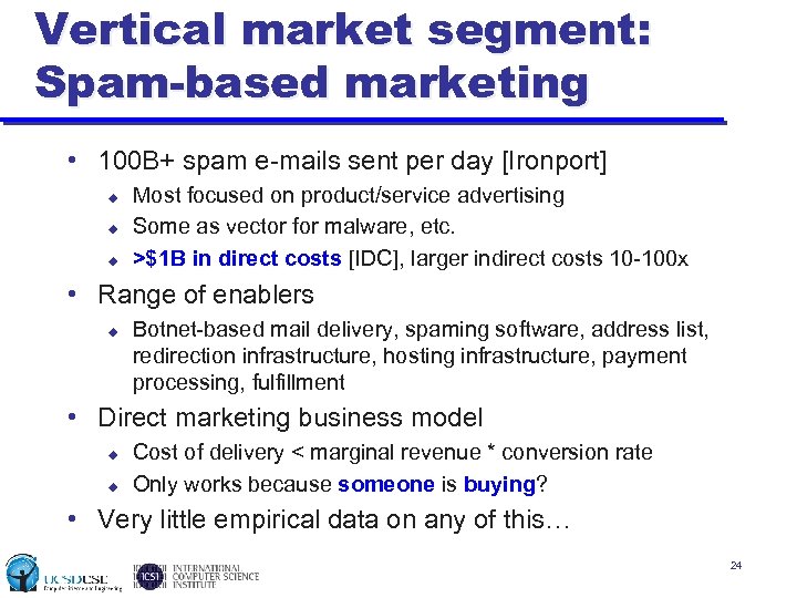 Vertical market segment: Spam-based marketing • 100 B+ spam e-mails sent per day [Ironport]