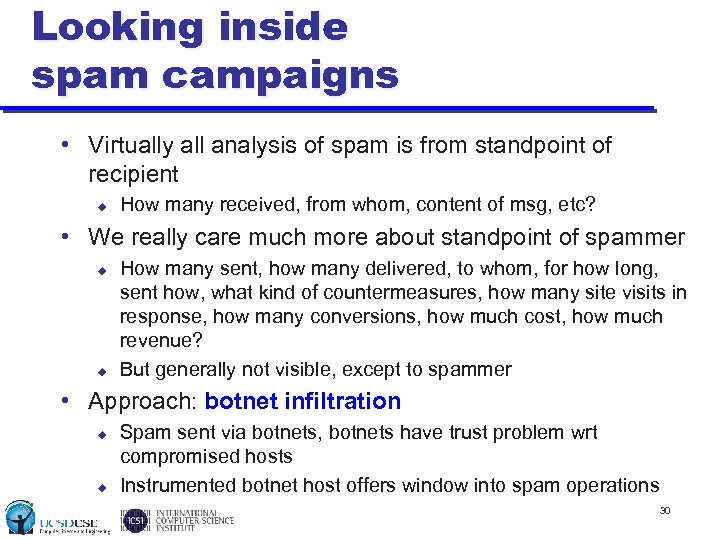 Looking inside spam campaigns • Virtually all analysis of spam is from standpoint of