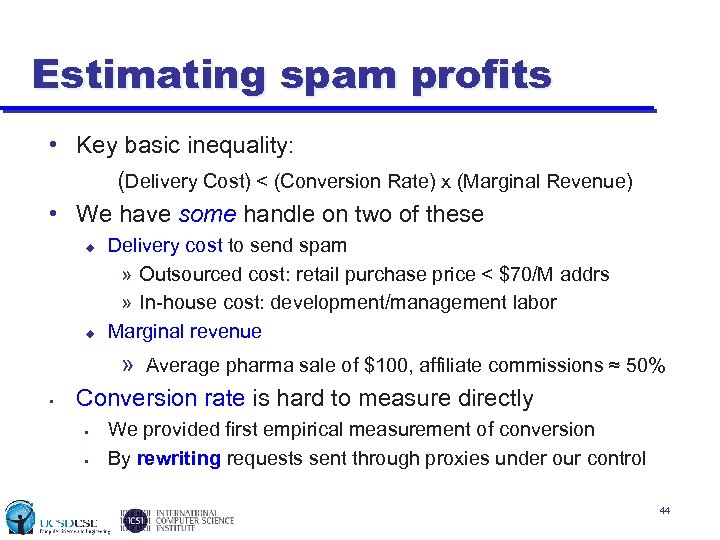Estimating spam profits • Key basic inequality: (Delivery Cost) < (Conversion Rate) x (Marginal