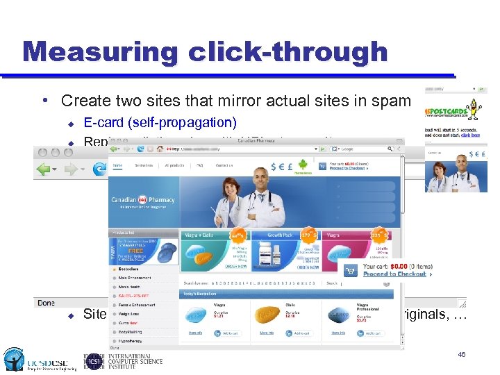 Measuring click-through • Create two sites that mirror actual sites in spam u u