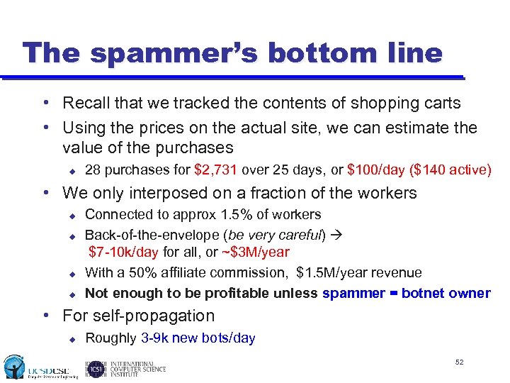 The spammer’s bottom line • Recall that we tracked the contents of shopping carts