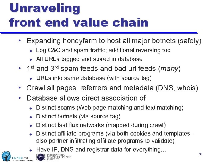 Unraveling front end value chain • Expanding honeyfarm to host all major botnets (safely)