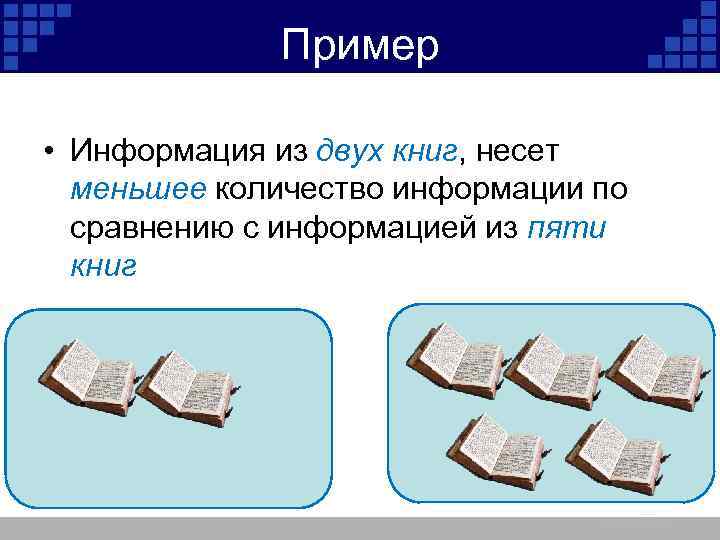 Пример • Информация из двух книг, несет меньшее количество информации по сравнению с информацией