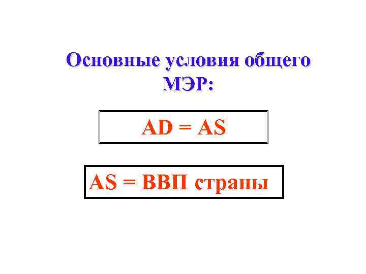 Основные условия общего МЭР: AD = AS AS = ВВП страны 