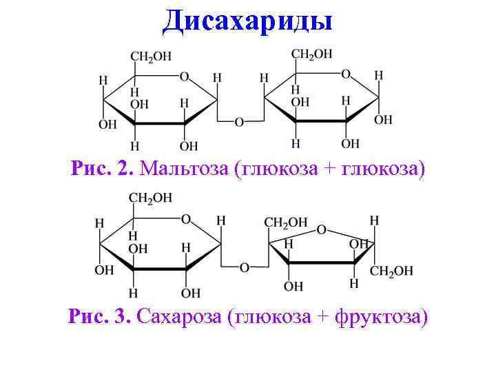 Дисахариды Рис. 2. Мальтоза (глюкоза + глюкоза) Рис. 3. Сахароза (глюкоза + фруктоза) 