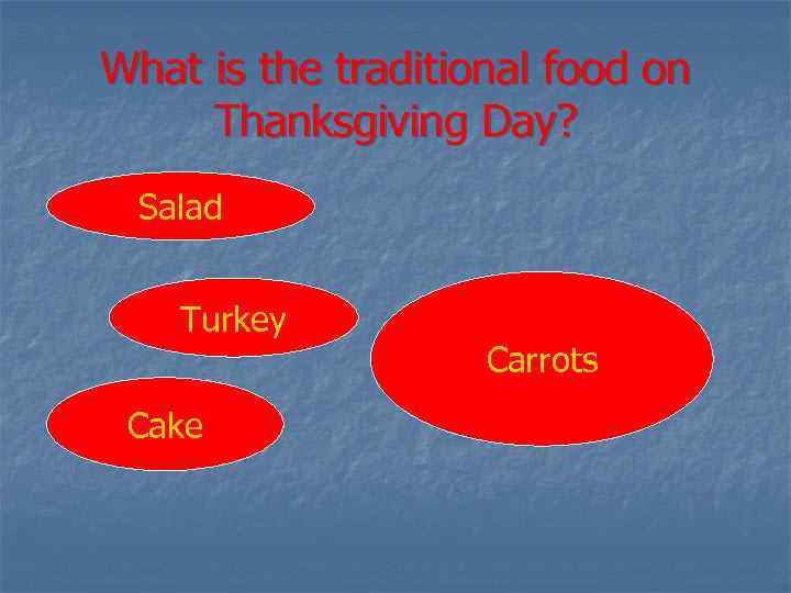 What is the traditional food on Thanksgiving Day? Salad Turkey Cake Carrots 