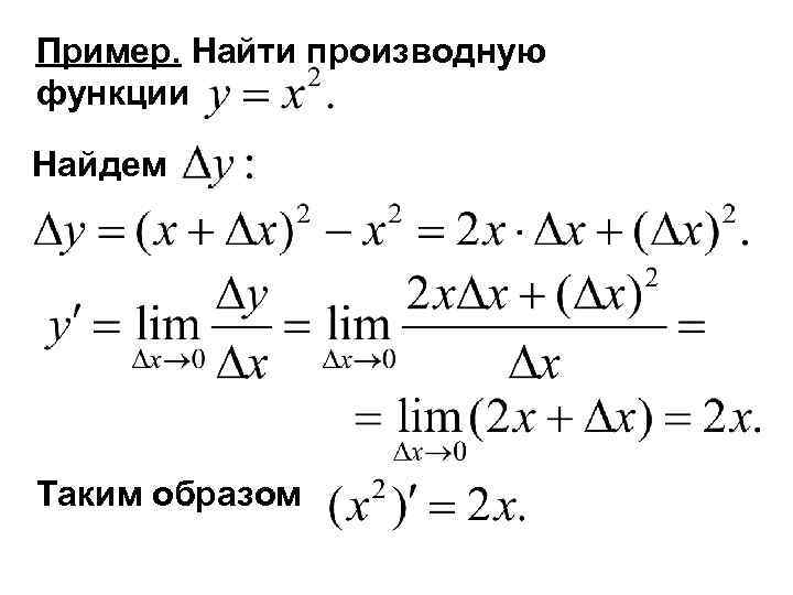 Пример. Найти производную функции Найдем Таким образом 