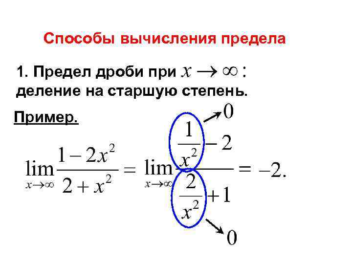 Способы вычисления предела 1. Предел дроби при деление на старшую степень. Пример. 