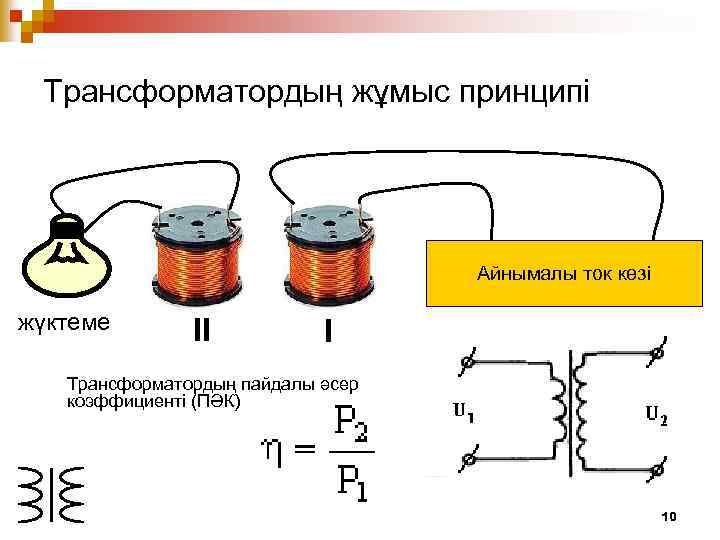 Трансформатордың жұмыс принципі Айнымалы ток көзі жүктеме II I Трансформатордың пайдалы әсер коэффициентi (ПӘК)