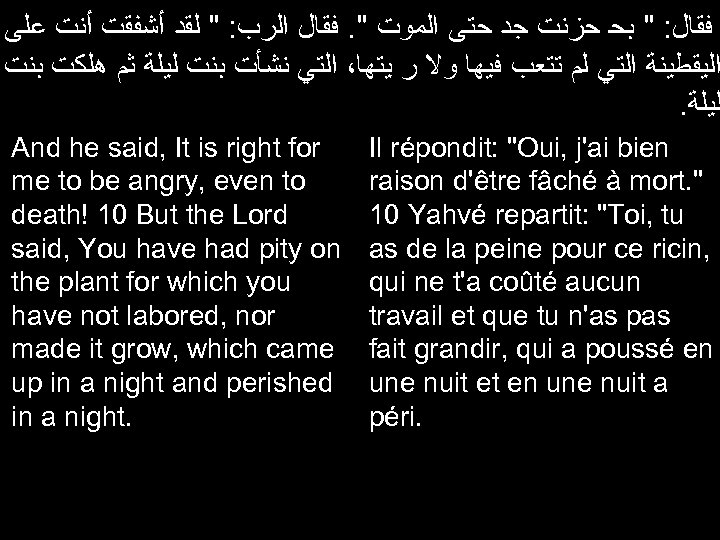  ﻓﻘﺎﻝ: " ﺑﺤ ﺣﺰﻧﺖ ﺟﺪ ﺣﺘﻰ ﺍﻟﻤﻮﺕ ". ﻓﻘﺎﻝ ﺍﻟﺮﺏ: " ﻟﻘﺪ ﺃﺸﻔﻘﺖ