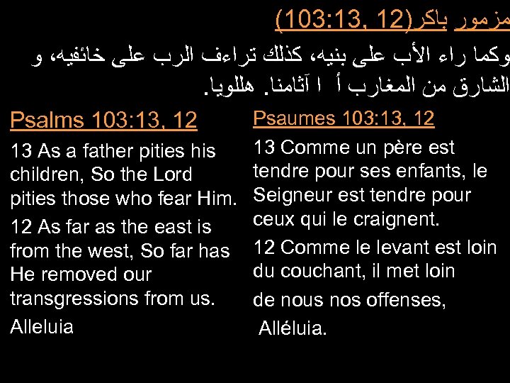 (103: 13, 12) ﻣﺰﻣﻮﺭ ﺑﺎﻛﺮ ﻭﻛﻤﺎ ﺭﺍﺀ ﺍﻷﺐ ﻋﻠﻰ ﺑﻨﻴﻪ، ﻛﺬﻟﻚ ﺗﺮﺍﺀﻑ ﺍﻟﺮﺏ ﻋﻠﻰ
