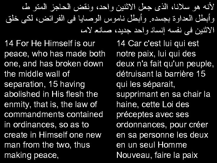 ، ﻷﻨﻪ ﻫﻮ ﺳﻼﻧﺎ، ﺍﻟﺬﻯ ﺟﻌﻞ ﺍﻻﺛﻨﻴﻦ ﻭﺍﺣﺪ، ﻭﻧﻘﺾ ﺍﻟﺤﺎﺟﺰ ﺍﻟﻤﺘﻮ ﻁ ﻭﺃﺒﻄﻞ ﺍﻟﻌﺪﺍﻭﺓ