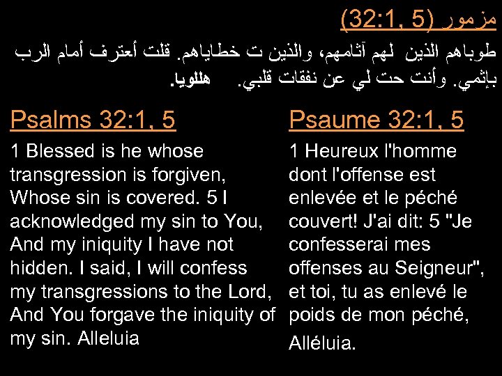 (32: 1, 5) ﻣﺰﻣﻮﺭ ﻃﻮﺑﺎﻫﻢ ﺍﻟﺬﻳﻦ ﻟﻬﻢ آﺜﺎﻣﻬﻢ، ﻭﺍﻟﺬﻳﻦ ﺕ ﺧﻄﺎﻳﺎﻫﻢ. ﻗﻠﺖ ﺃﻌﺘﺮﻑ ﺃﻤﺎﻡ