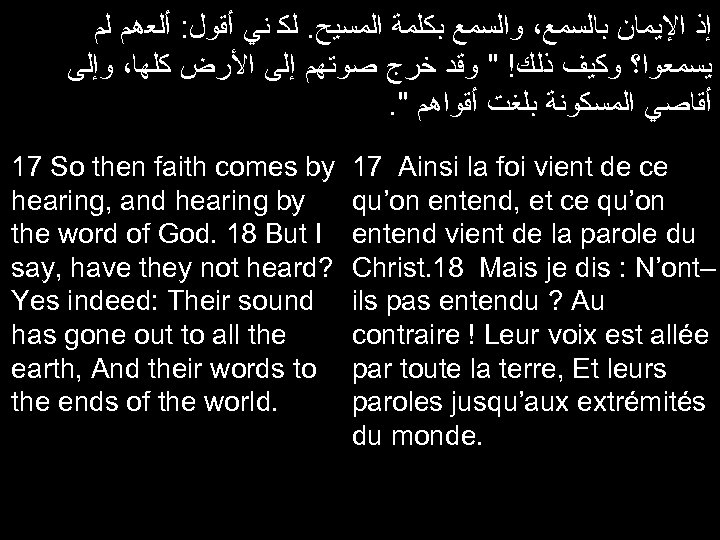  ﺇﺫ ﺍﻹﻳﻤﺎﻥ ﺑﺎﻟﺴﻤﻊ، ﻭﺍﻟﺴﻤﻊ ﺑﻜﻠﻤﺔ ﺍﻟﻤﺴﻴﺢ. ﻟﻜ ﻧﻲ ﺃﻘﻮﻝ: ﺃﻠﻌﻫﻢ ﻟﻢ ﻳﺴﻤﻌﻮﺍ؟ ﻭﻛﻴﻒ