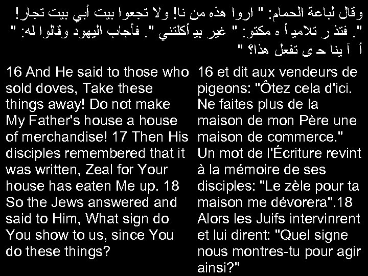 ! ﻭﻗﺎﻝ ﻟﺒﺎﻋﺔ ﺍﻟﺤﻤﺎﻡ: " ﺍﺭﻭﺍ ﻫﺬﻩ ﻣﻦ ﻧﺎ! ﻭﻻ ﺗﺠﻌﻭﺍ ﺑﻴﺖ ﺃﺒﻲ ﺑﻴﺖ