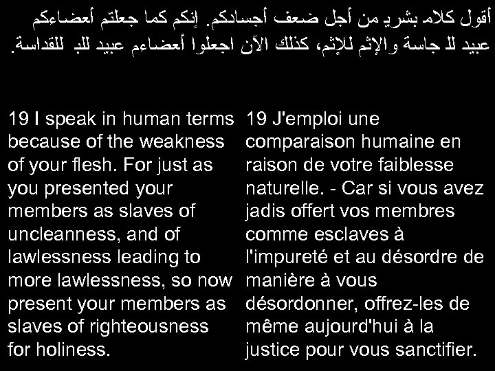  ﺃﻘﻮﻝ ﻛﻼﻣ ﺑﺸﺮﻳ ﻣﻦ ﺃﺠﻞ ﺿﻌﻒ ﺃﺠﺴﺎﺩﻛﻢ. ﺇﻧﻜﻢ ﻛﻤﺎ ﺟﻌﻠﺘﻢ ﺃﻌﻀﺎﺀﻛﻢ . ﻋﺒﻴﺪ