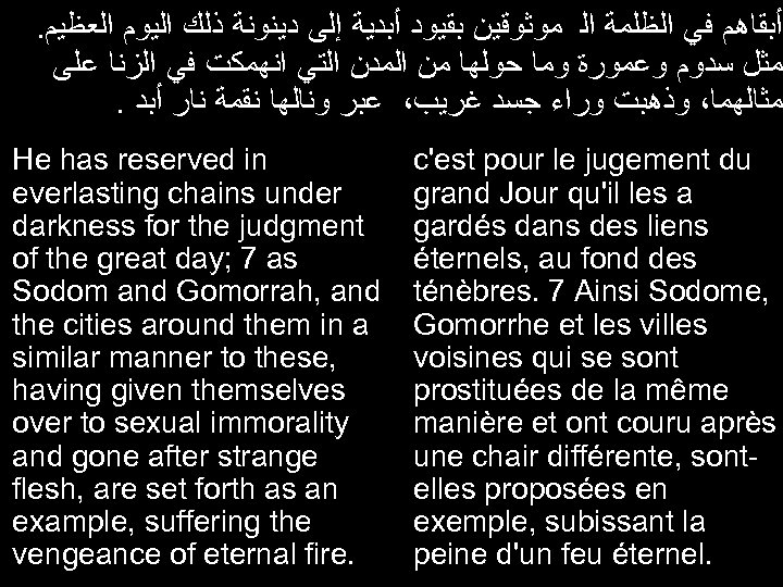 . ﺃﺒﻘﺎﻫﻢ ﻓﻲ ﺍﻟﻈﻠﻤﺔ ﺍﻟ ﻣﻮﺛﻮﻗﻴﻦ ﺑﻘﻴﻮﺩ ﺃﺒﺪﻳﺔ ﺇﻟﻰ ﺩﻳﻨﻮﻧﺔ ﺫﻟﻚ ﺍﻟﻴﻮﻡ ﺍﻟﻌﻈﻴﻢ ﻣﺜﻞ