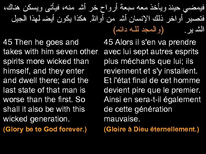 ، ﻓﻴﻤﻀﻲ ﺣﻴﻨﺌ ﻭﻳﺄﺨﺬ ﻣﻌﻪ ﺳﺒﻌﺔ ﺃﺮﻭﺍﺡ ﺧﺮ ﺃﺸ ﻣﻨﻪ، ﻓﻴﺄﺘﻰ ﻭﻳﺴﻜﻦ ﻫﻨﺎﻙ ﻓﺘﺼﻴﺮ