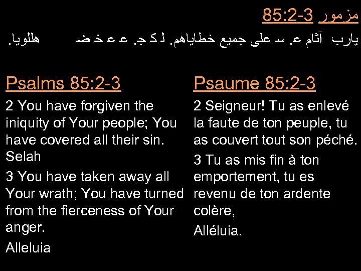 85: 2 -3 ﻣﺰﻣﻮﺭ . ﻫﻠﻠﻮﻳﺎ ﻳﺎﺭﺏ آﺜﺎﻡ ﻋ. ﺳ ﻋﻠﻰ ﺟﻤﻴﻊ ﺧﻄﺎﻳﺎﻫﻢ. ﻟ
