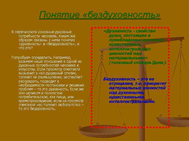 Понятие «бездуховность» Я перечислила основные духовные потребности человека. Каким же образом связаны с ними