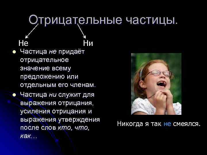 Отрицательные частицы. Не l l Ни Частица не придаёт отрицательное значение всему предложению или
