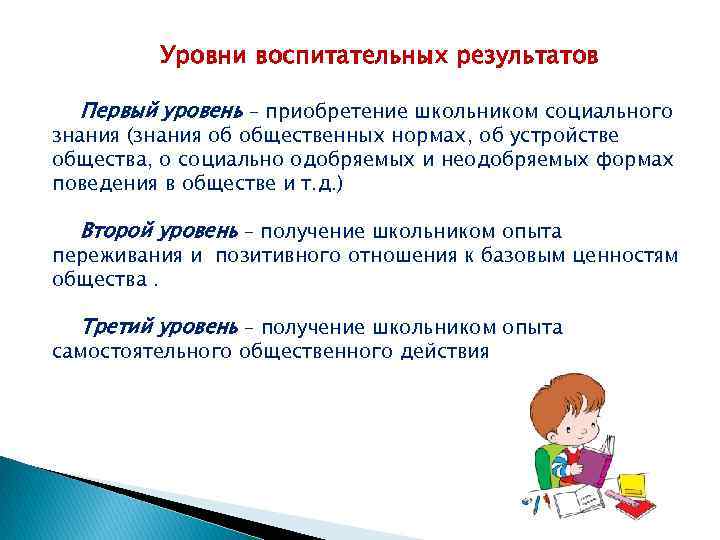 Уровни воспитательных результатов Первый уровень – приобретение школьником социального знания (знания об общественных нормах,