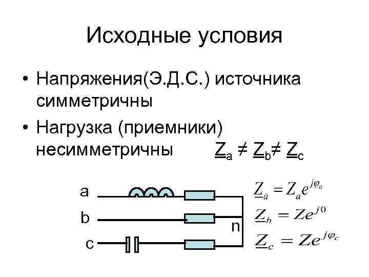 Исходные условия • Напряжения(Э. Д. С. ) источника симметричны • Нагрузка (приемники) несимметричны Z