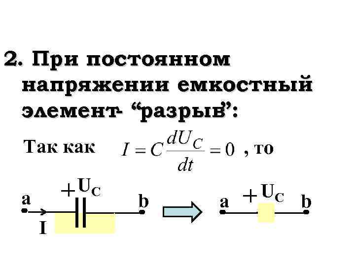 2. При постоянном напряжении емкостный элемент- “разрыв ”: Так как UС a I ,