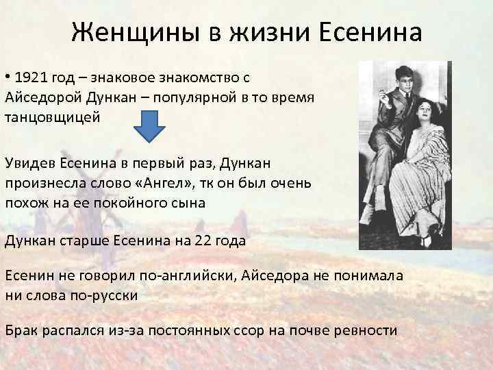 Женщины в жизни Есенина • 1921 год – знаковое знакомство с Айседорой Дункан –